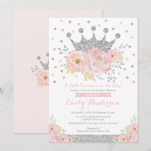 Silver Crown Princess Blush Floral Baby Shower Inv Invitation