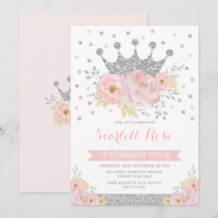 Silver Crown Princess Blush Pink Floral Birthday Invitation