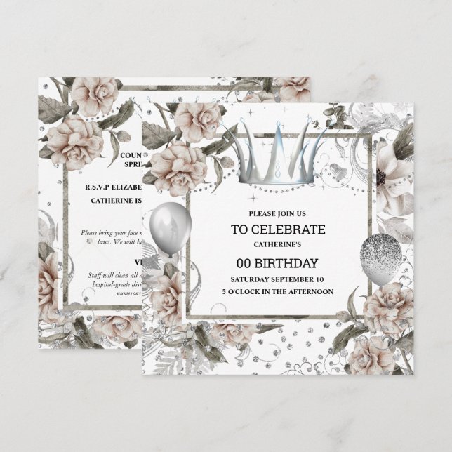 Silver crown shabby chic floral glitter glam invitation (Front/Back)