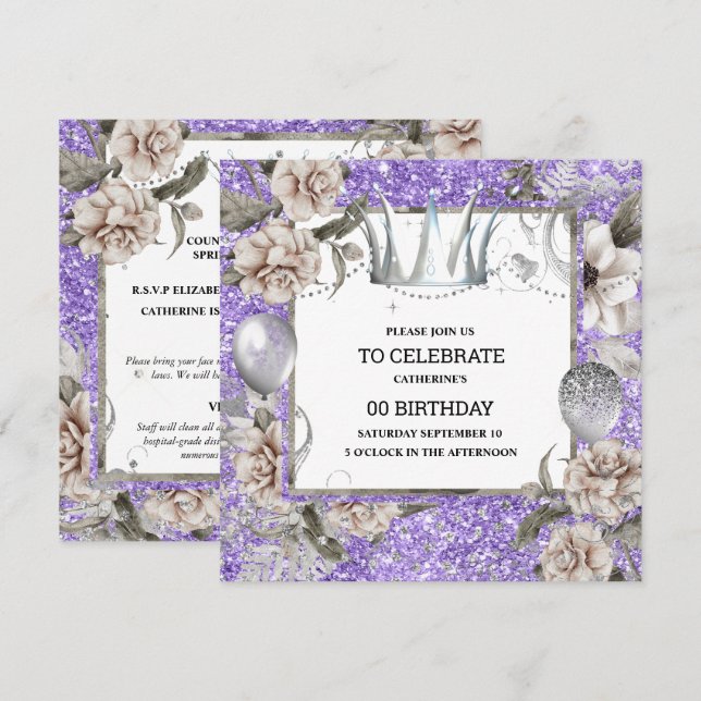 Silver crown shabby chic floral glitter purple invitation (Front/Back)