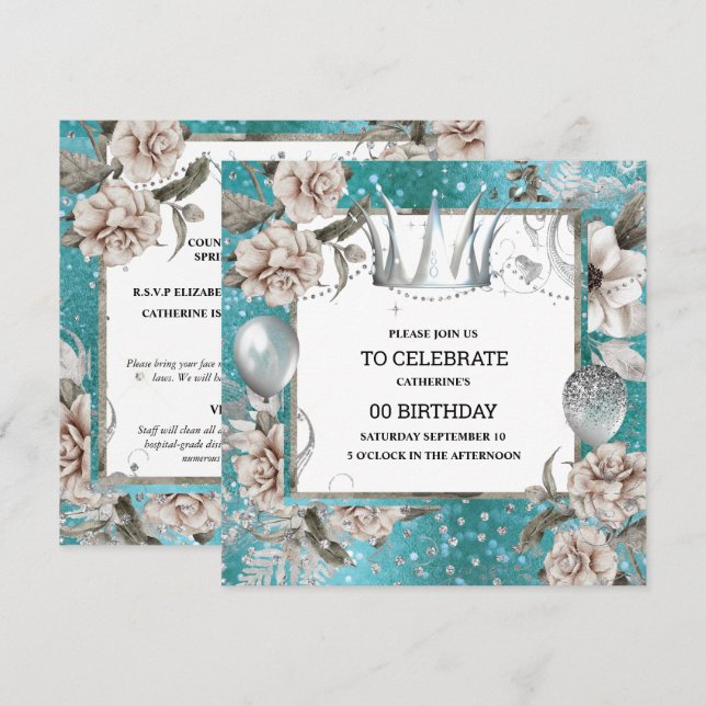 Silver crown shabby chic floral glitter turquoise invitation (Front/Back)
