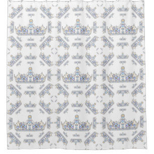 Silver Crowns Heart Diamonds Pearls Pattern White Shower Curtain