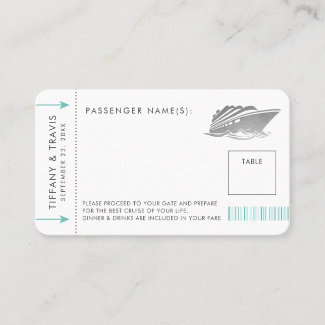 Silver Cruise Boarding Ticket Place Escort Card (Front)