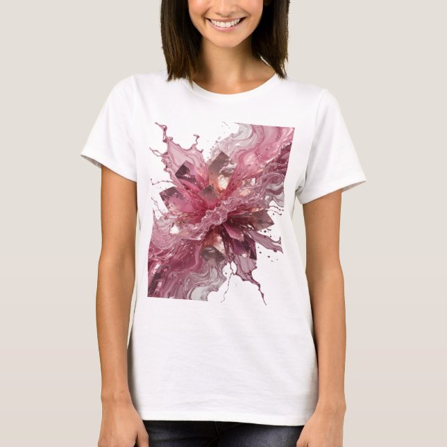 Silver CRYSTAL FLOWER WITH PINK LIQUID SPLASHES T-Shirt (Front)