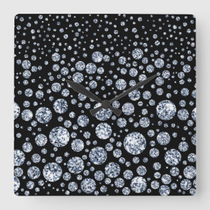 Silver Crystal Metallic Black Square Wall Clock