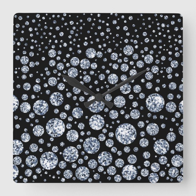 Silver Crystal Metallic Black Square Wall Clock (Front)