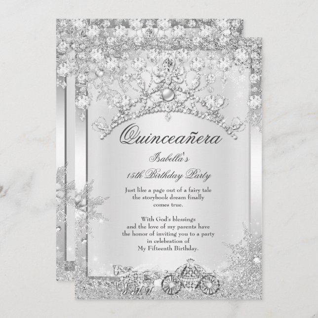 Silver Crystal Quinceanera 15th Winter Carriage Invitation (Front/Back)