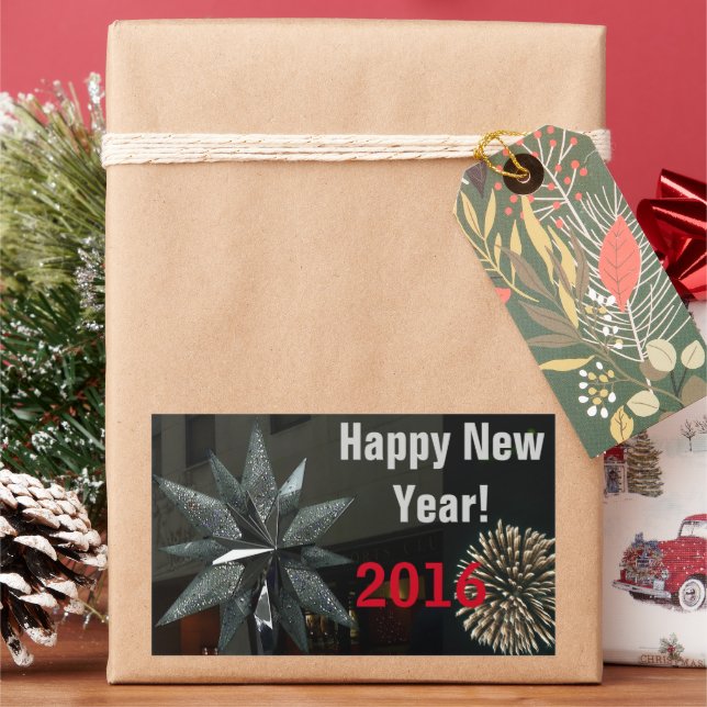 Silver Crystal Star Happy New Year Rectangular Sticker (Holiday)