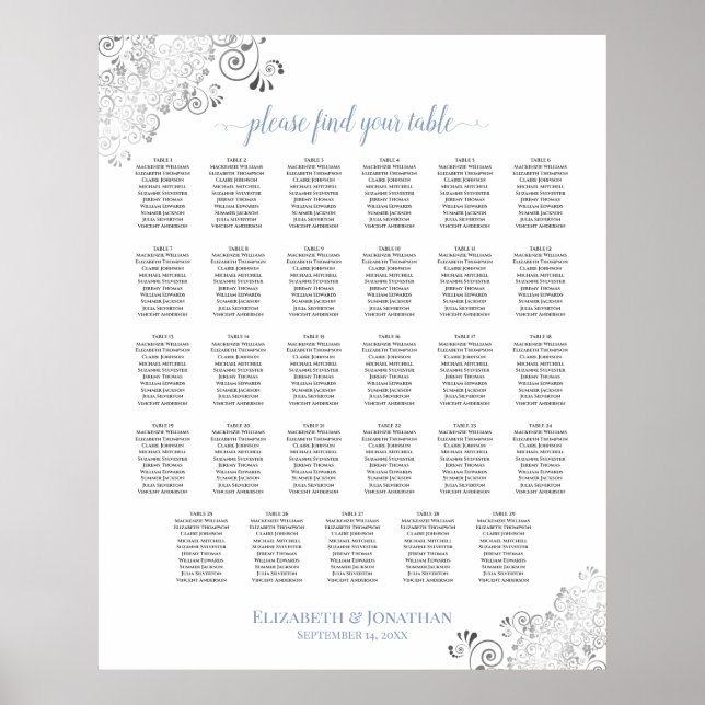 Silver Curls 29 Table Wedding Seating Chart Blue (Front)