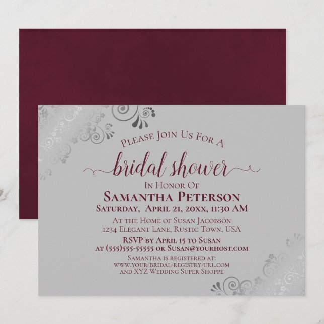 Silver Curls Burgundy & Grey Elegant Bridal Shower Invitation (Front/Back)