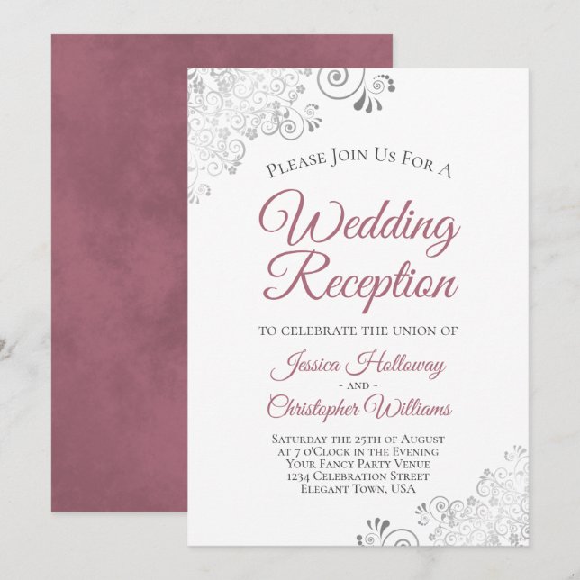 Silver Curls Dusty Rose on White Wedding Reception Invitation (Front/Back)