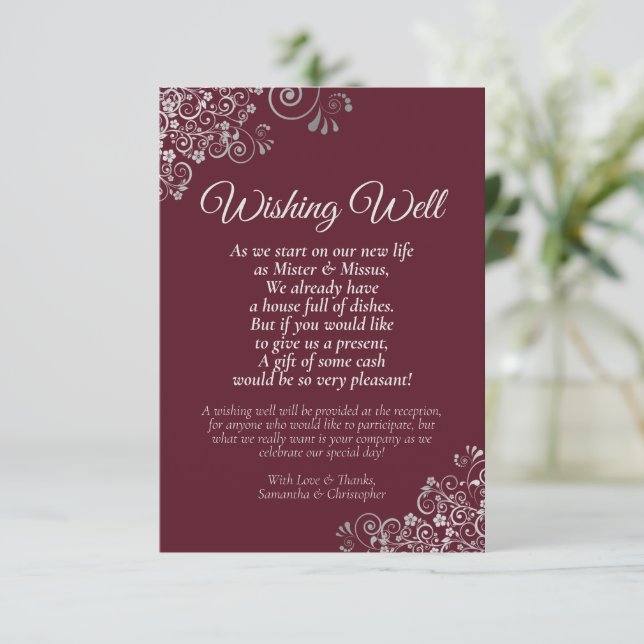 Silver Curls on Burgundy Wedding Wishing Well Poem Enclosure Card (Standing Front)