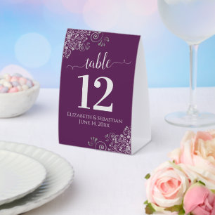 Silver Curls Plum Purple Wedding Table Number