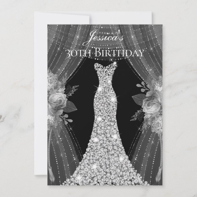 Silver Curtains Dress Womans 30th Birthday Party Invitation (Front)
