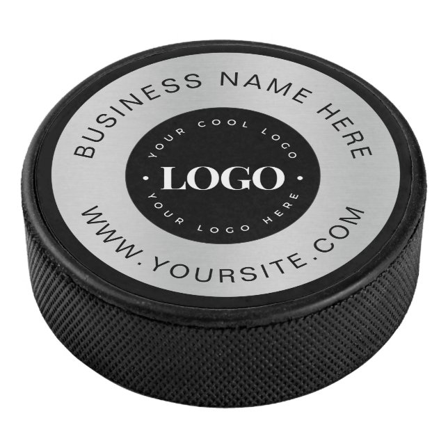 Silver Custom Logo Text Company Business Branded   Hockey Puck (3/4)