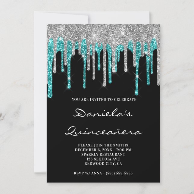 Silver Cyan Glitter Drips Black Quinceañera Invitation (Front)