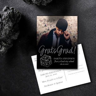 Silver D20 Crit Gamer Dice Photo Graduation Announcement Postcard
