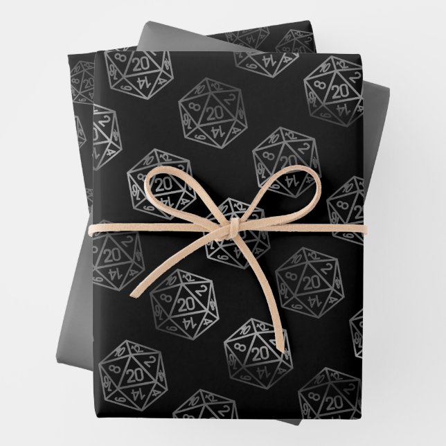 Silver D20 Critmas | PNP Tabletop Role Player Dice Wrapping Paper Sheet (In situ)