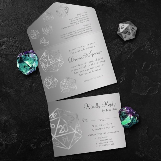 Silver D20 | Sophisticated RPG Dice Wedding Entree All In One Invitation (Creator Uploaded)