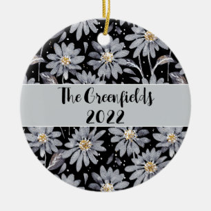 Silver Daisies on Black Custom Holiday Ceramic Tree Decoration