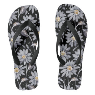 Silver Daisies on Black Floral Flip Flops