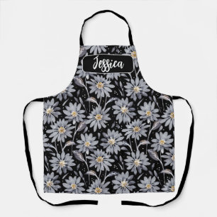 Silver Daisies on Black Personalised  Apron