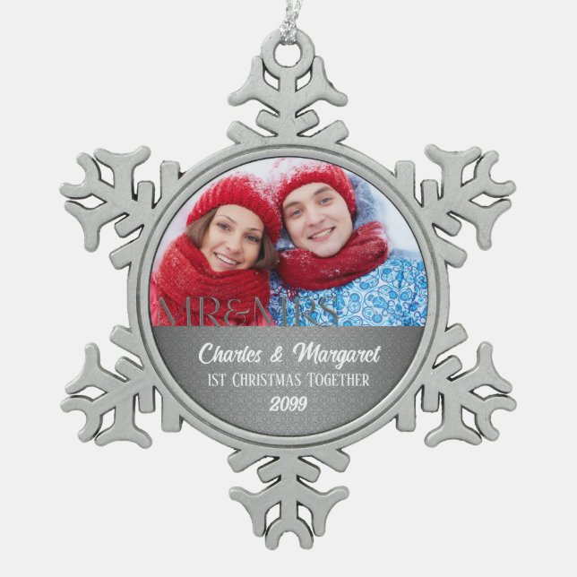 Silver Damask 1st Christmas Together Photo Snowflake Pewter Christmas Ornament (Front)
