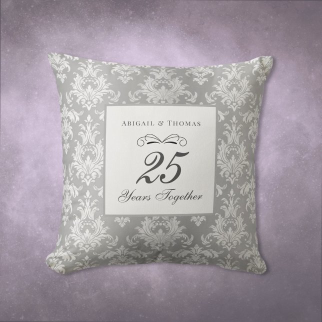 Silver Damask 25th Wedding Anniversary Cushion (25th Wedding Anniversary Silver Damask Gift Throw Pillow)