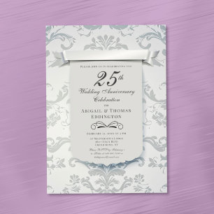 Silver Damask 25th Wedding Anniversary Invitation