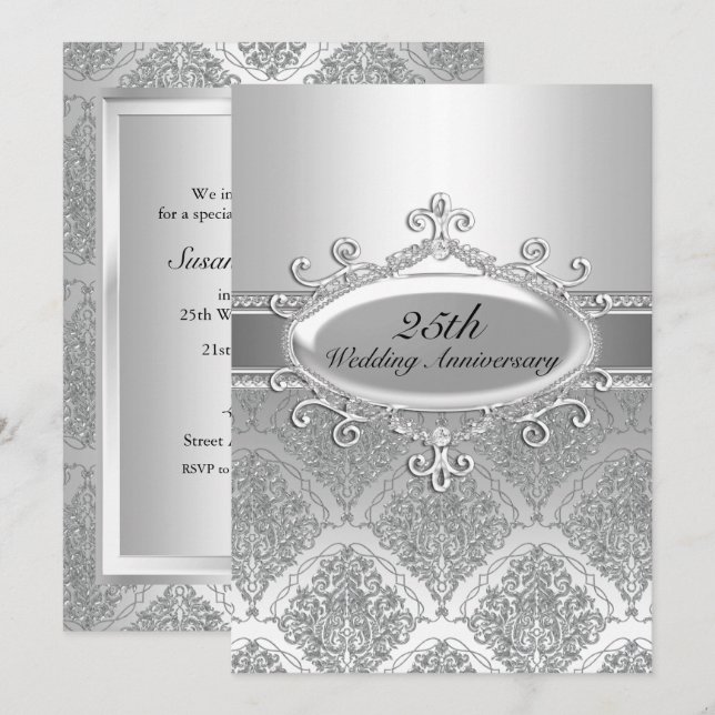 Silver Damask 25th Wedding Anniversary Invite (Front/Back)