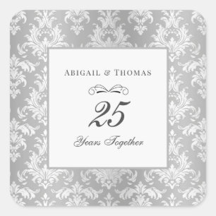 Silver Damask 25th Wedding Anniversary Square Sticker