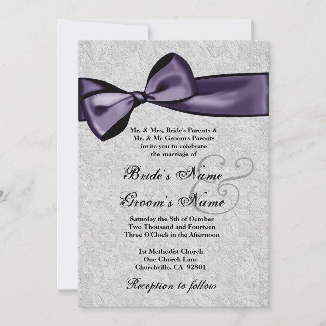Silver Damask and Deep Purple Bow Wedding Invitation (Front)
