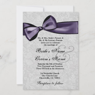 Silver Damask and Deep Purple Bow Wedding Invitation