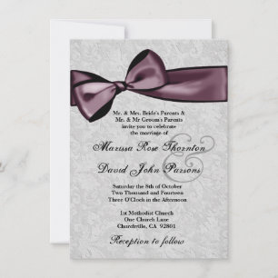 Silver Damask and Purple Plum Bow Wedding Invitation