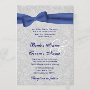 Silver Damask and Royal Blue Bow Wedding Invitation
