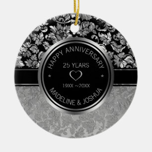 Silver Damask And Silver- Black Hearts Ceramic Orn Ceramic Tree Decoration