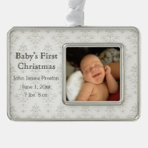 Silver Damask Baby's First Christmas Plated Framed Ornament