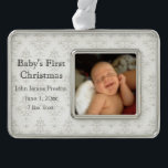 Silver Damask Baby's First Christmas Silver Plated Framed Ornament<br><div class="desc">Elegant keepsake photo ornament featuring silver on white damask pattern with room for personalisation. Completely customisable.</div>