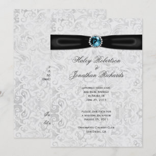 Silver Damask Black Ribbon Blue Jewel Post Wedding Invitation
