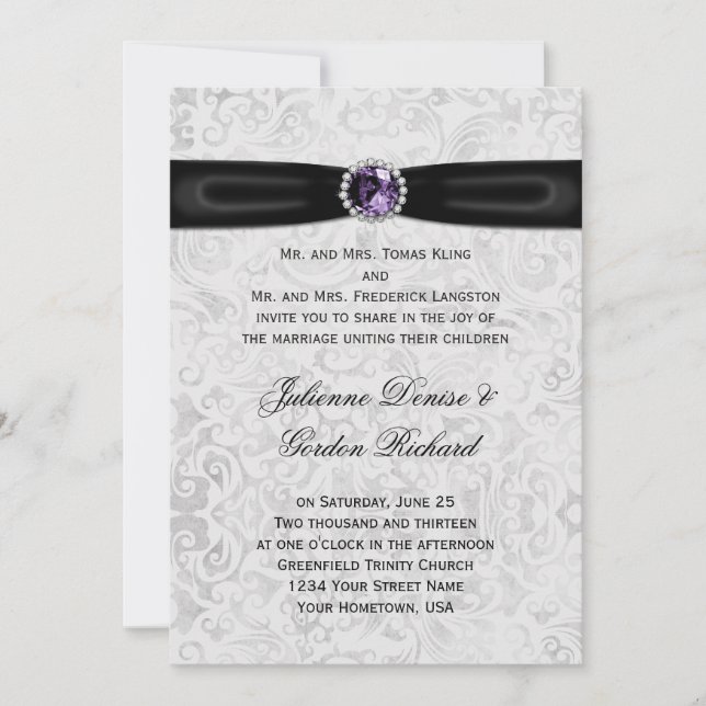 Silver Damask Black Ribbon Purple Jewel Wedding Invitation (Front)