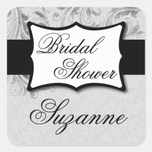 Silver Damask Bridal Shower Square Sticker