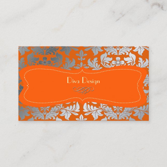 Silver damask/Burnt orange/chocolate Business Card (Front)