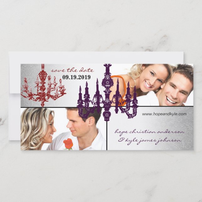 Silver Damask Chandelier Red & Plum Save The Date (Front)