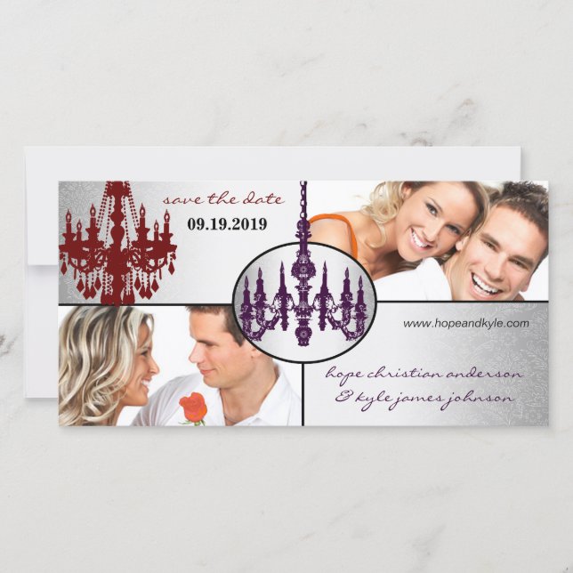 Silver Damask Chandelier Save The Date Photo (Front)