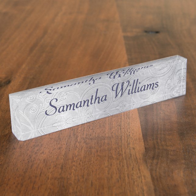 Silver Damask Custom Desk Nameplate (Side)