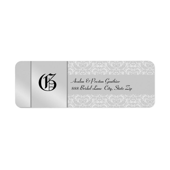 Silver Damask Monogram Black Wedding Address Label (Front)