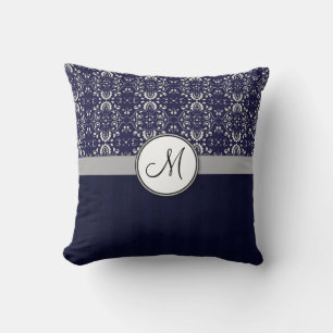 Silver Damask on Blue with Stripes and Monogram Cushion