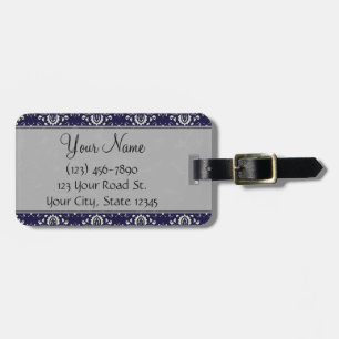 Silver Damask on Blue with Stripes and Monogram Luggage Tag