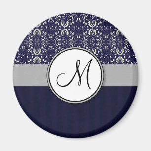 Silver Damask on Blue with Stripes and Monogram Magnet