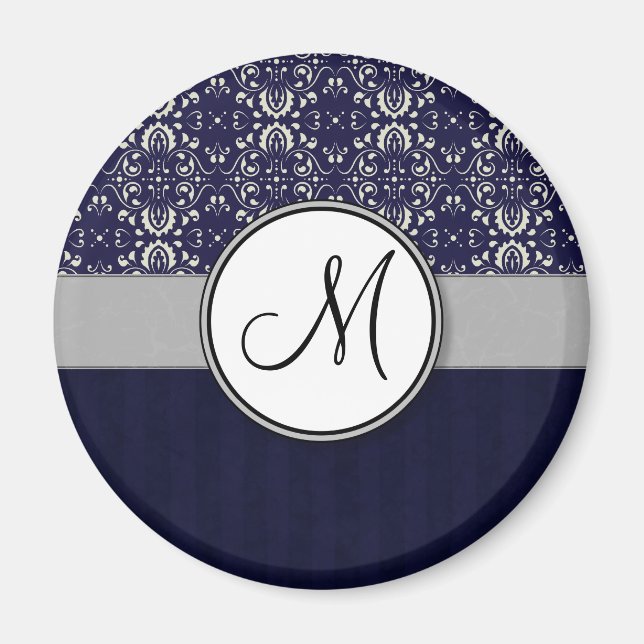 Silver Damask on Blue with Stripes and Monogram Magnet (Front)
